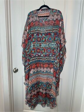 Cultural Colorful V-Neck Embellished Full Length Sheer Caftan/Coverup/Mumu, OS